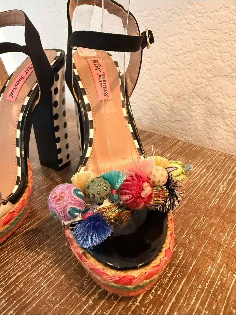 Betsey Johnson Multicolor Polka Dot Pom Pom Platform Espadrille Sandals Sz 6.5